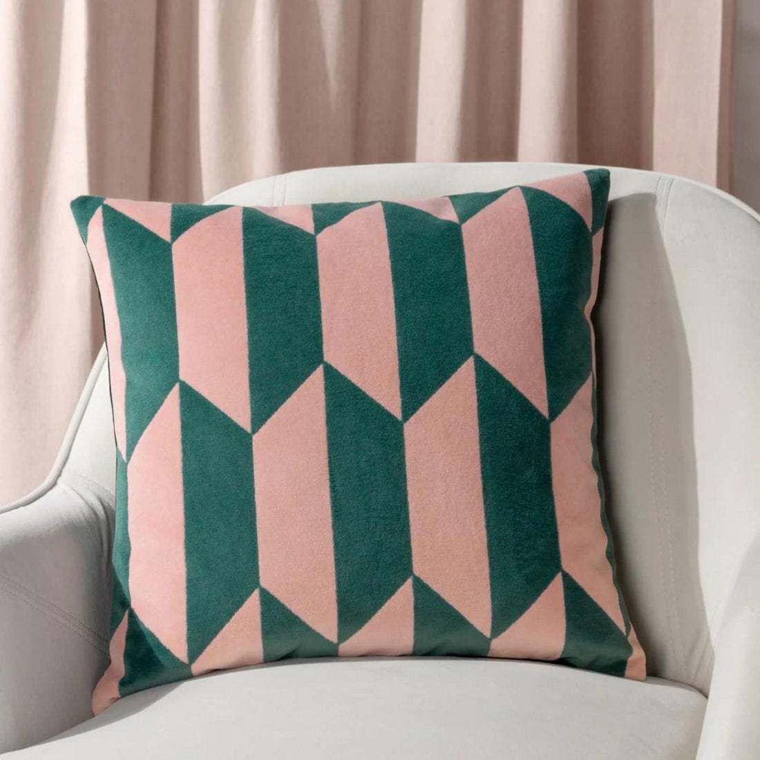 Kalho Geometric Velvet Pink + Green Cushion Cover 45cm x 45cm