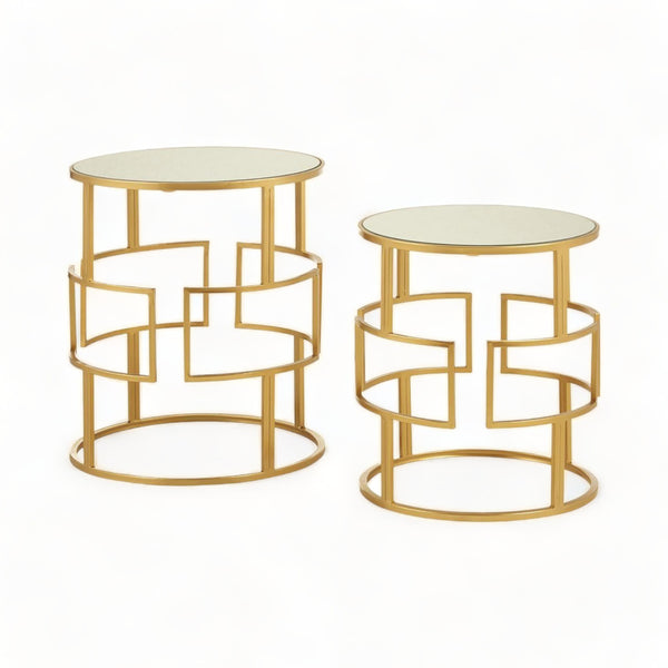 Set of 2 Gold Metal Openwork Side Tables with Mirrored Top