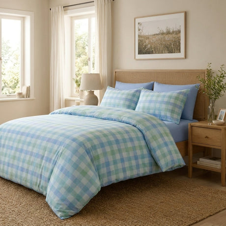 Block Check Cotton Blend Duvet Cover Set - Blue