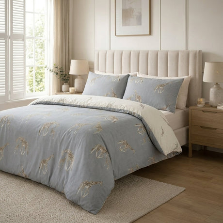 Milo Giraffe Reversible Polycotton Duvet Cover Bedding Set - Grey