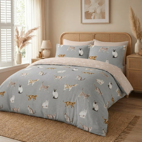 Cats Reversible Duvet Cover Set - Grey