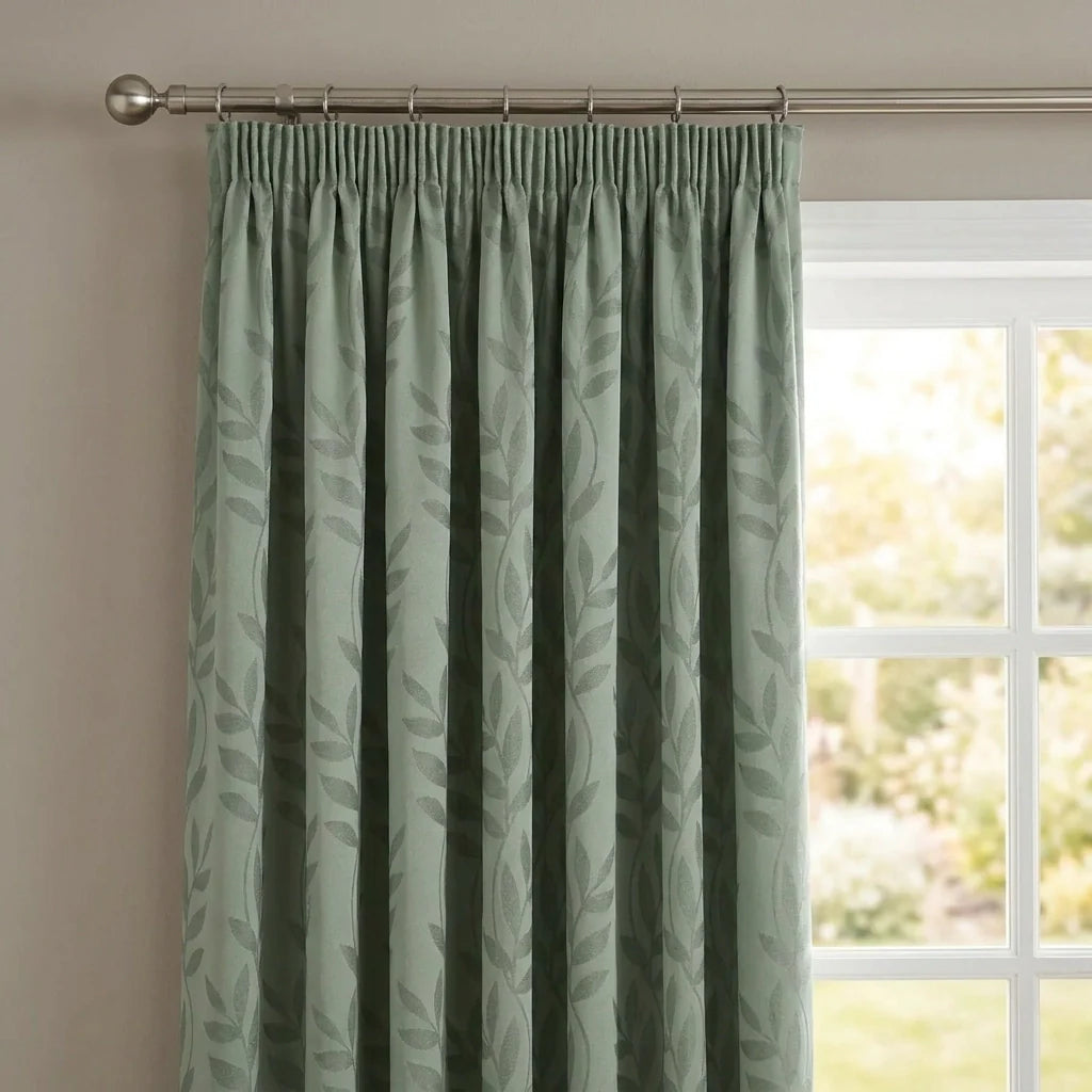 Tivoli Leaf Jacquard Lined Tape Top Pencil Pleat Curtains - Sage image 2