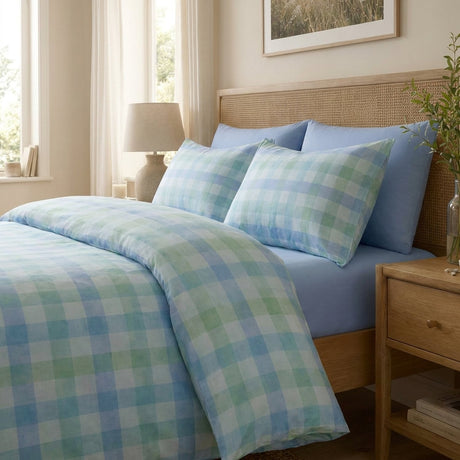 Block Check Cotton Blend Duvet Cover Set - Blue