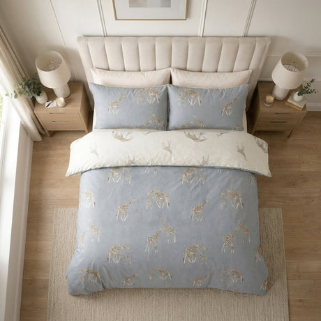 Milo Giraffe Reversible Polycotton Duvet Cover Bedding Set - Grey