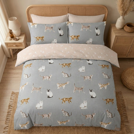 Cats Reversible Duvet Cover Set - Grey