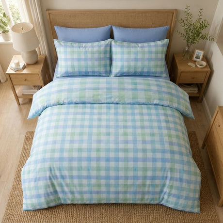 Block Check Cotton Blend Duvet Cover Set - Blue