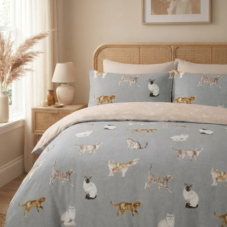 Cats Reversible Duvet Cover Set - Grey