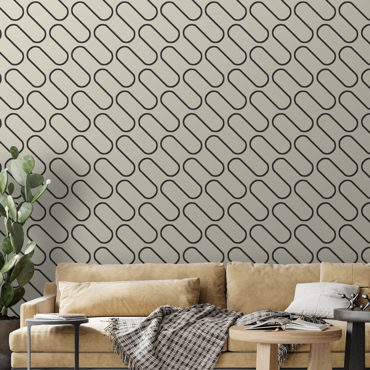 Catherine Lansfield Linear Curve Black Geometric Wallpaper - Linear Curve Geometric Cream