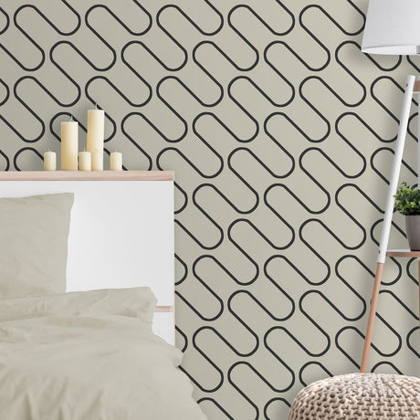 Catherine Lansfield Linear Curve Black Geometric Wallpaper - Linear Curve Geometric Cream