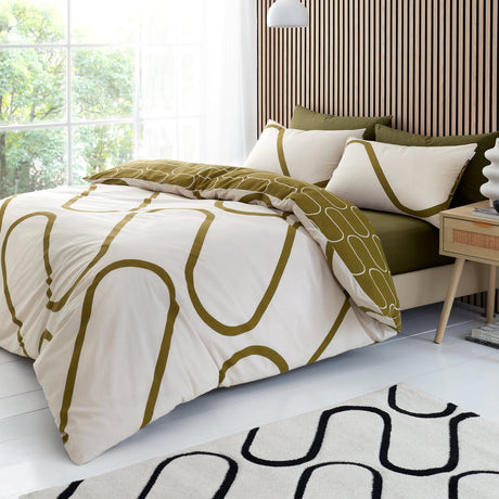 Catherine Lansfield Linear Curve Geometric Duvet Cover Set - Black - Linear Curve Olive Duvet Set