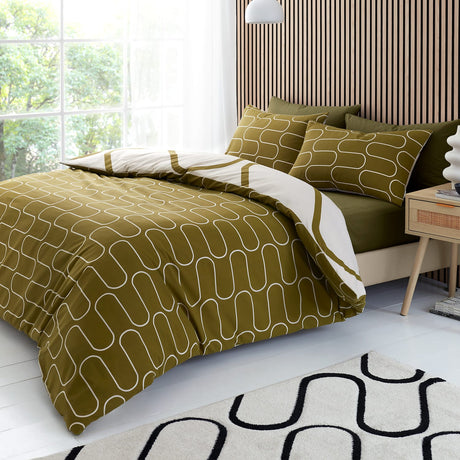 Catherine Lansfield Linear Curve Geometric Duvet Cover Set - Black - Linear Curve Olive Duvet Set