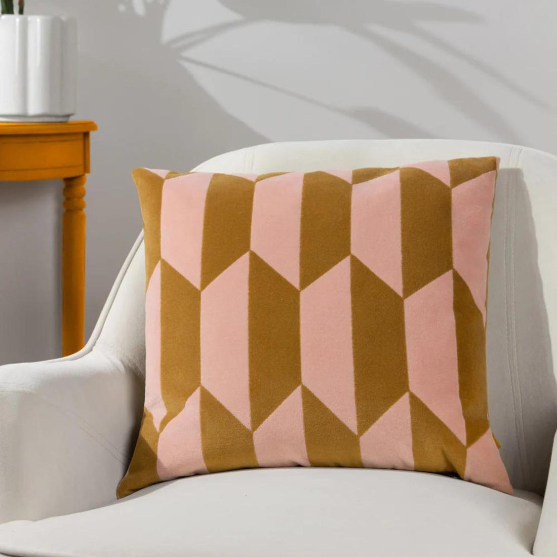 Kalho Geometric Velvet Pink + Ochre Cushion Cover 45cm x 45cm