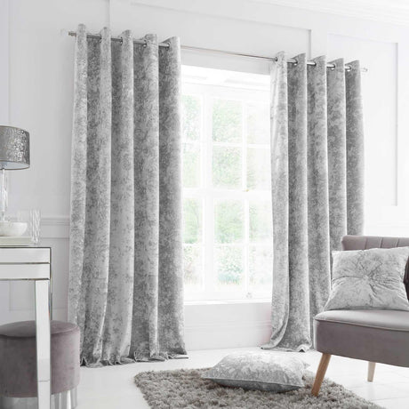 Catherine Lansfield Crushed Velvet Lined Eyelet Curtains - Silver
