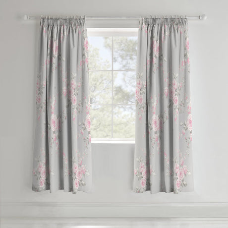 Catherine Lansfield Canterbury Floral Grey Pencil Pleat Curtains Polycotton