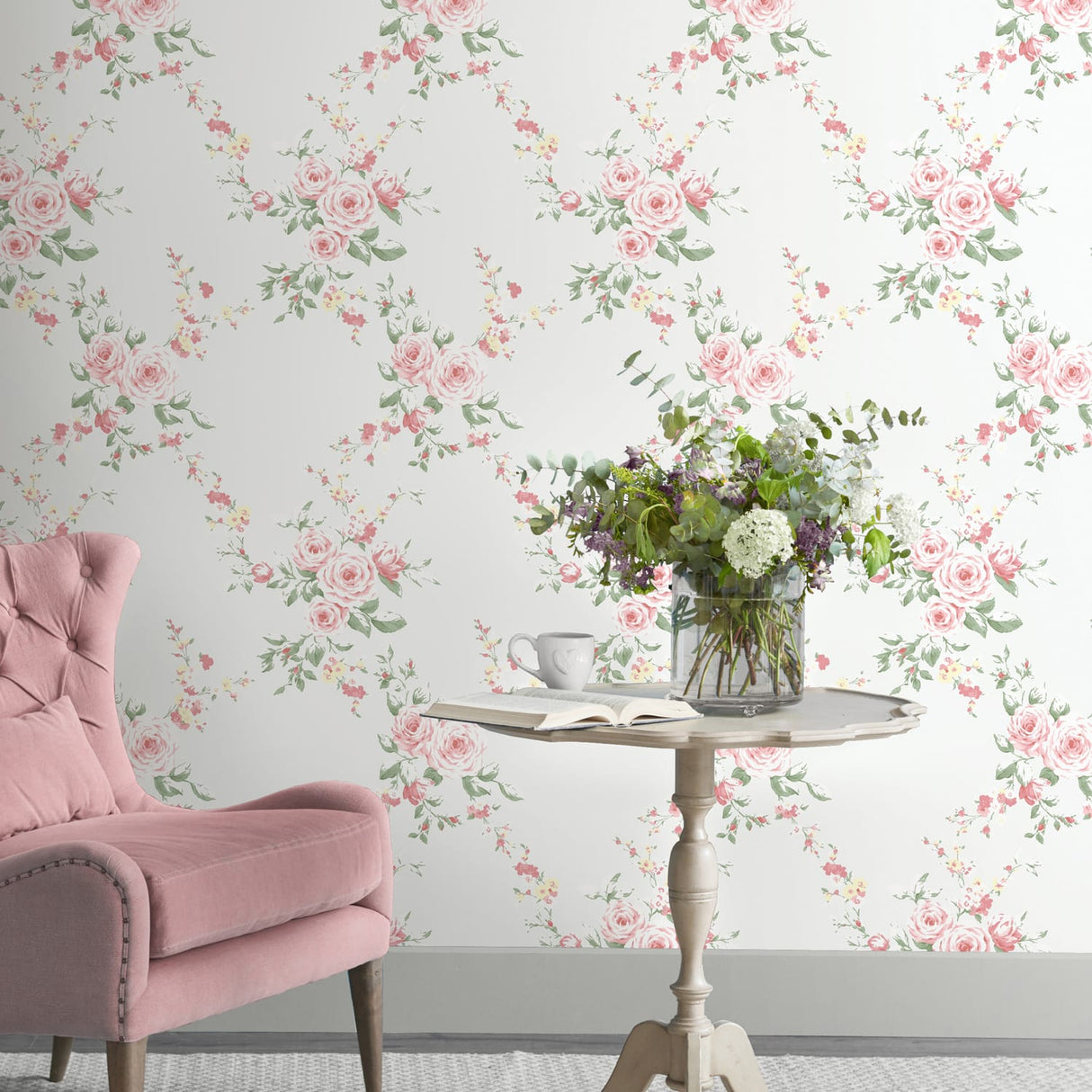 Catherine Lansfield Canterbury Floral Wallpaper Cream - Canterbury Grey Red Wallpaper