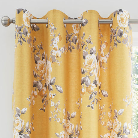 Catherine Lansfield Canterbury Floral Eyelet Curtains - Ochre Polycotton