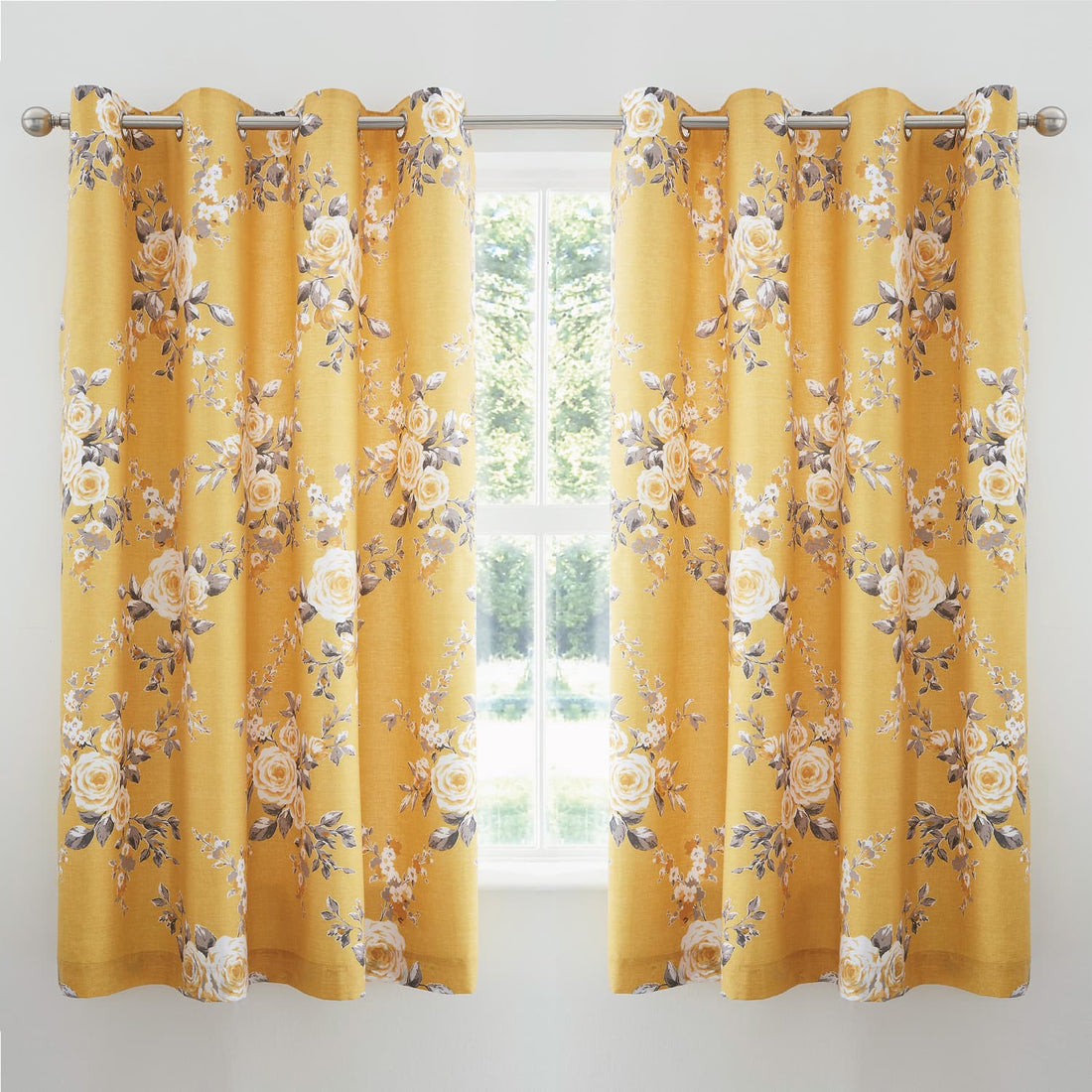 Catherine Lansfield Canterbury Floral Ochre Eyelet Curtains