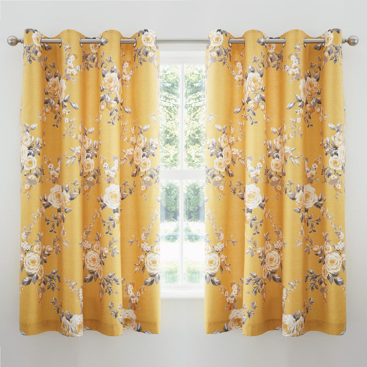 Catherine Lansfield Canterbury Floral Eyelet Curtains - Ochre Polycotton - Canterbury Ochre Curtains