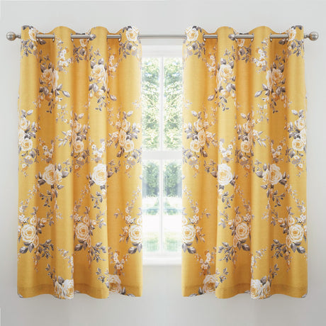 Catherine Lansfield Canterbury Floral Eyelet Curtains - Ochre Polycotton - Canterbury Ochre Curtains