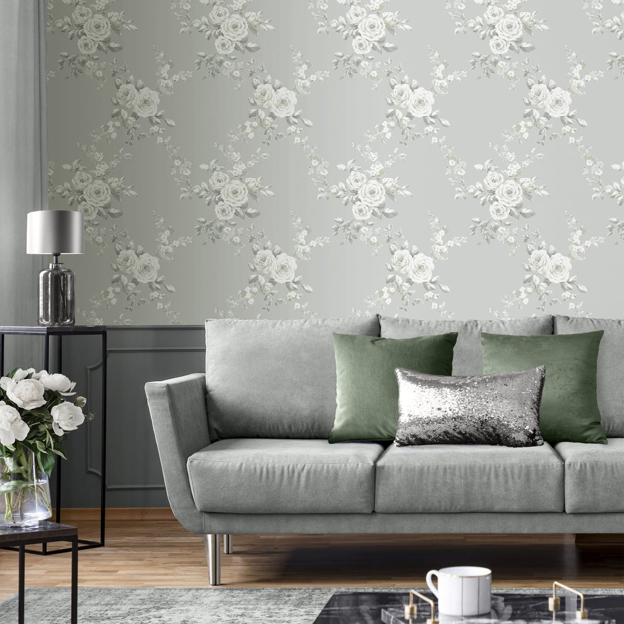 Catherine Lansfield Canterbury Floral Wallpaper Cream - Canterbury Sage Green Wallpaper