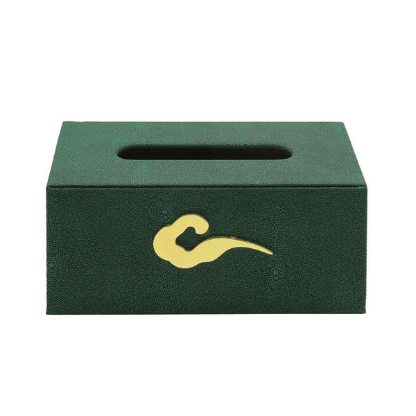 Green Faux Litchi Tissue Box Holder with Gold C-Wave Handle - 10cm