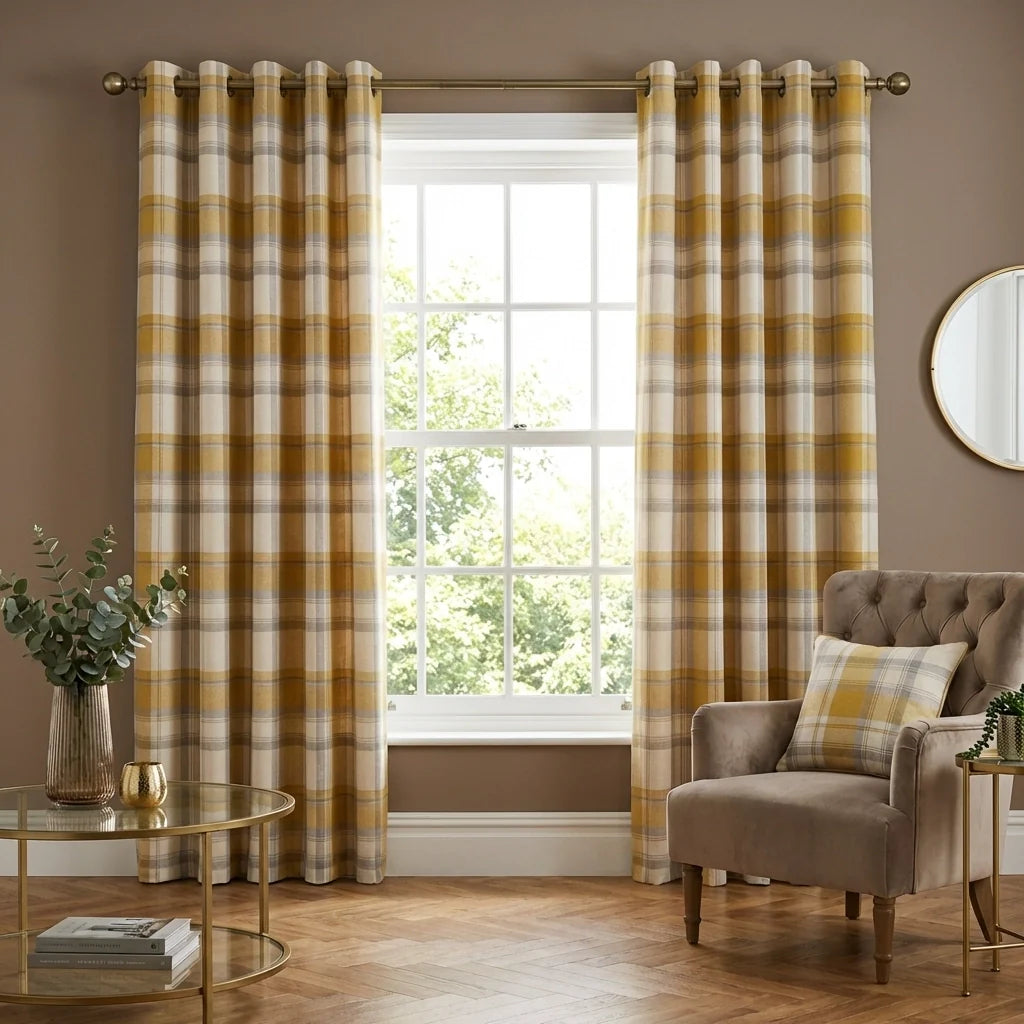 Balmoral Tartan Check Ochre 100% Cotton Eyelet Curtains