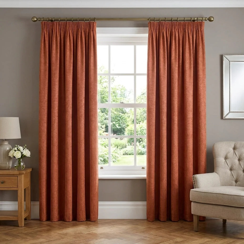 Matrix Dim Out Orange Thermal Pencil Pleat Curtains Textured Embossed