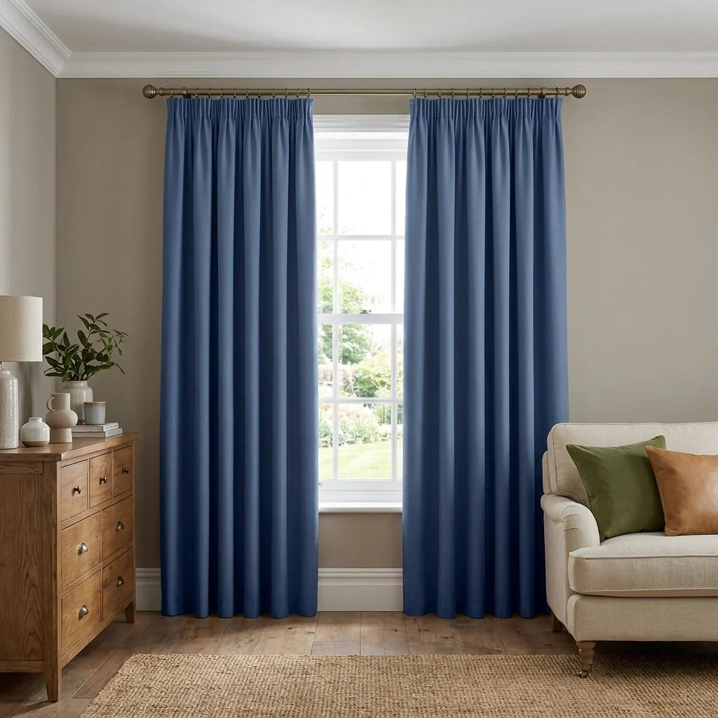 Blue Chenille Thermal Blackout Pencil Pleat Curtains