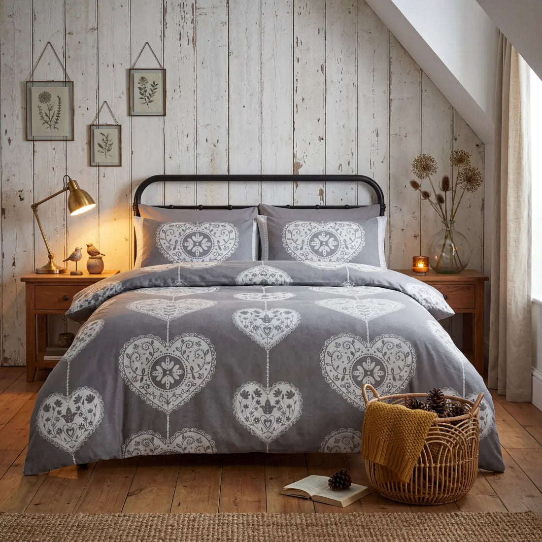 Scandi Heart Grey 100% Cotton Flannelette Duvet Cover Bedding Set