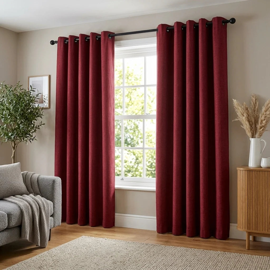 Linen Look Red Thermal Blackout Eyelet Curtains