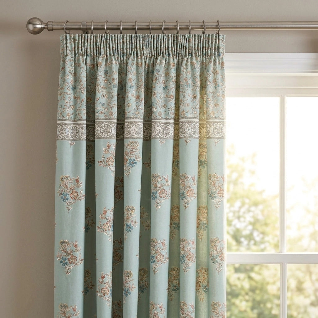 Lorena Patchwork Floral Duck Egg Pencil Pleat Curtains 2