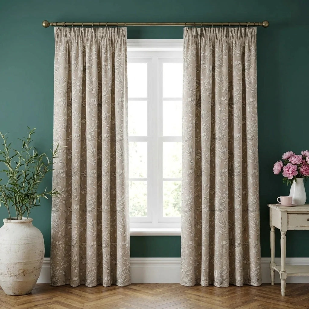 Aviary Parchment Pencil Pleat Curtains