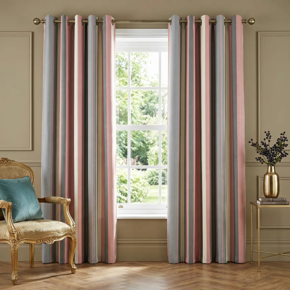 Whitworth Stripe Lined Eyelet Curtains - Blush Pink