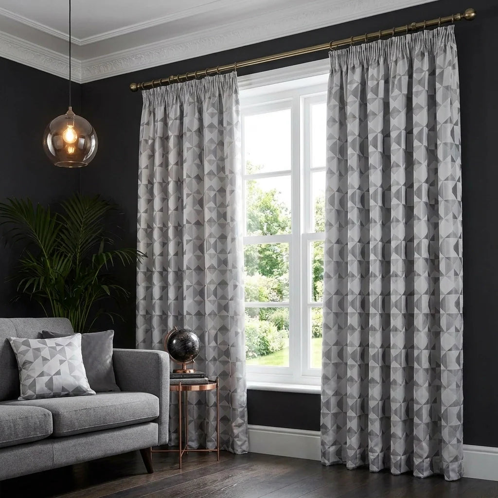Skandi Geometric Jacquard Lined Silver Tape Top Curtains