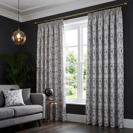 Skandi Geometric Jacquard Lined Tape Top Curtains - Silver