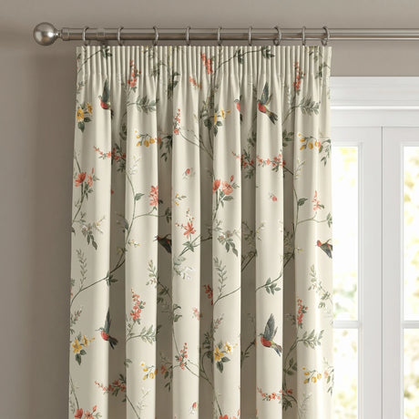 Darnley Floral Bird 100% Cotton Pencil Pleat Curtains Coral 2