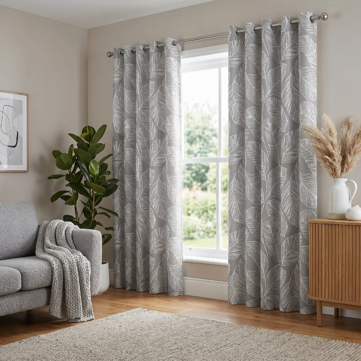 Matteo Leaf Ready Made Cotton Eyelet Curtains - Grey
