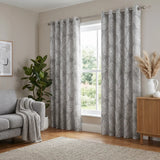 Matteo Leaf Ready Made Cotton Eyelet Curtains - Grey