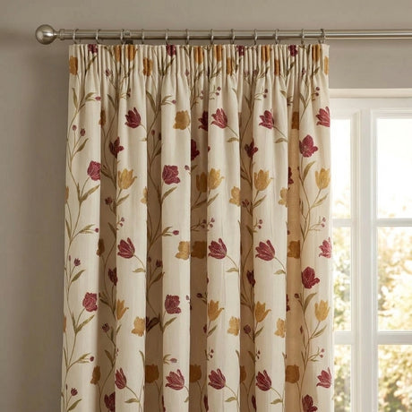 Juliette Floral Pencil Pleat Curtains Natural & Red 2