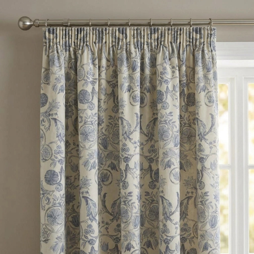 Averie Blue Floral 100% Cotton Pencil Pleat Curtains 2