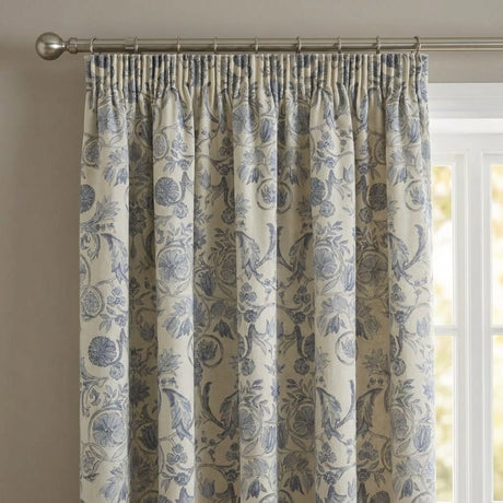 Averie Blue Floral 100% Cotton Pencil Pleat Curtains 2
