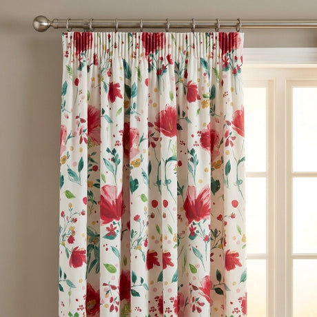 Abstract Poppy Red Floral Pencil Pleat Curtains 66" x 72" 2