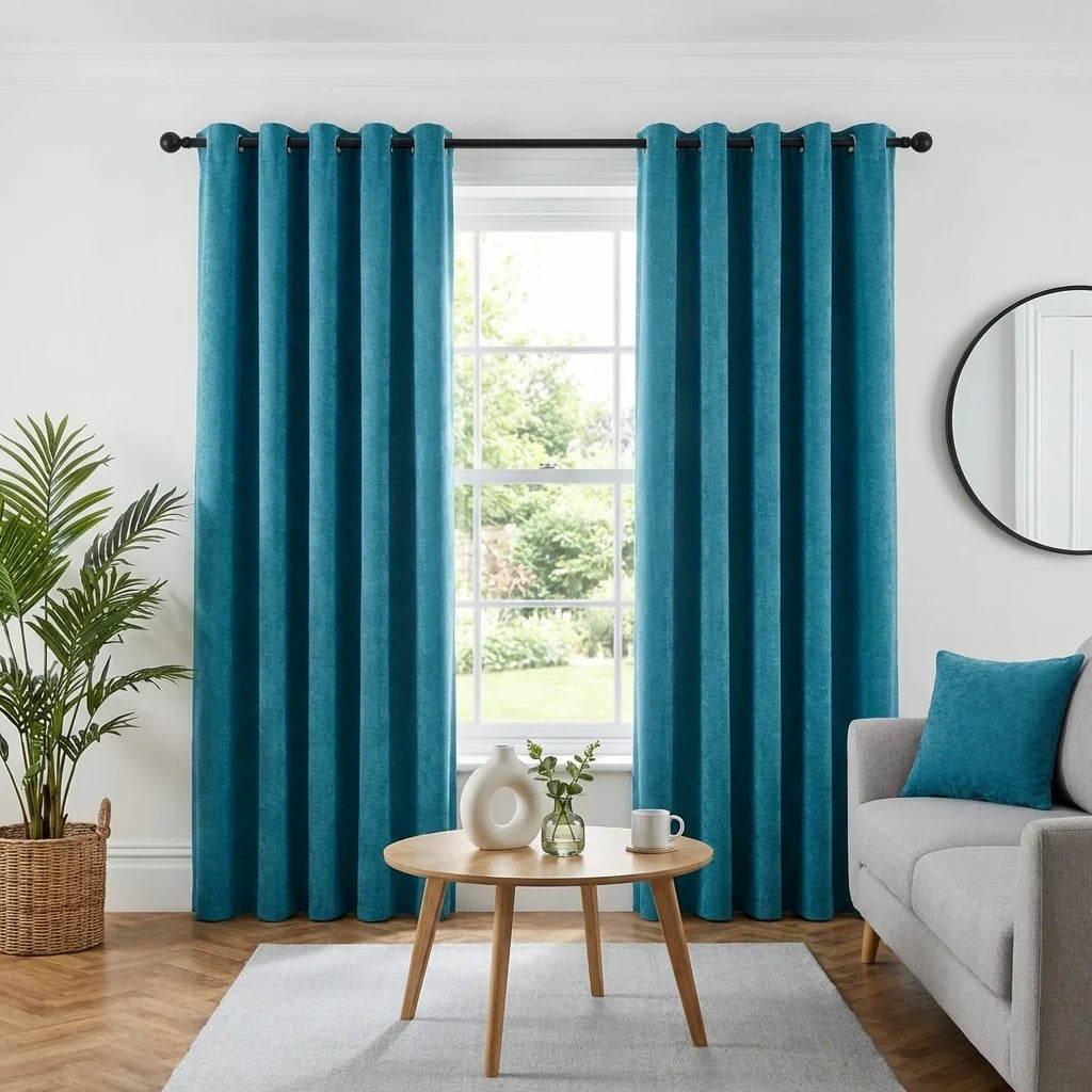 Teal Chenille Thermal Blackout Eyelet Curtains