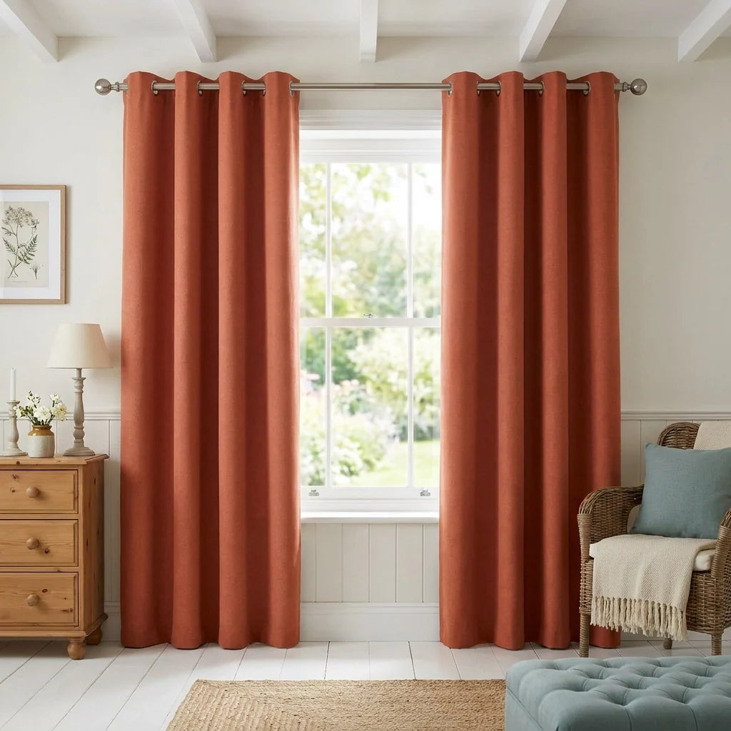 Orange Velvet Chenille Dimout Eyelet Curtains