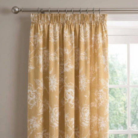 Mishka Floral Gold Pencil Pleat Curtains 2