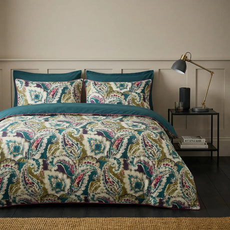 Aretha Paisley Print Cotton Sateen Teal Duvet Cover Set 1