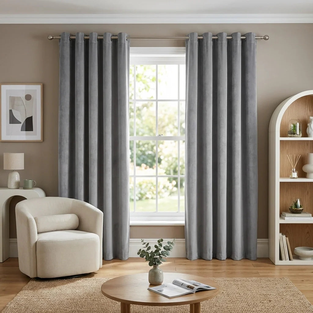Hampton Grey Velvet Thermal Blackout Eyelet Curtains