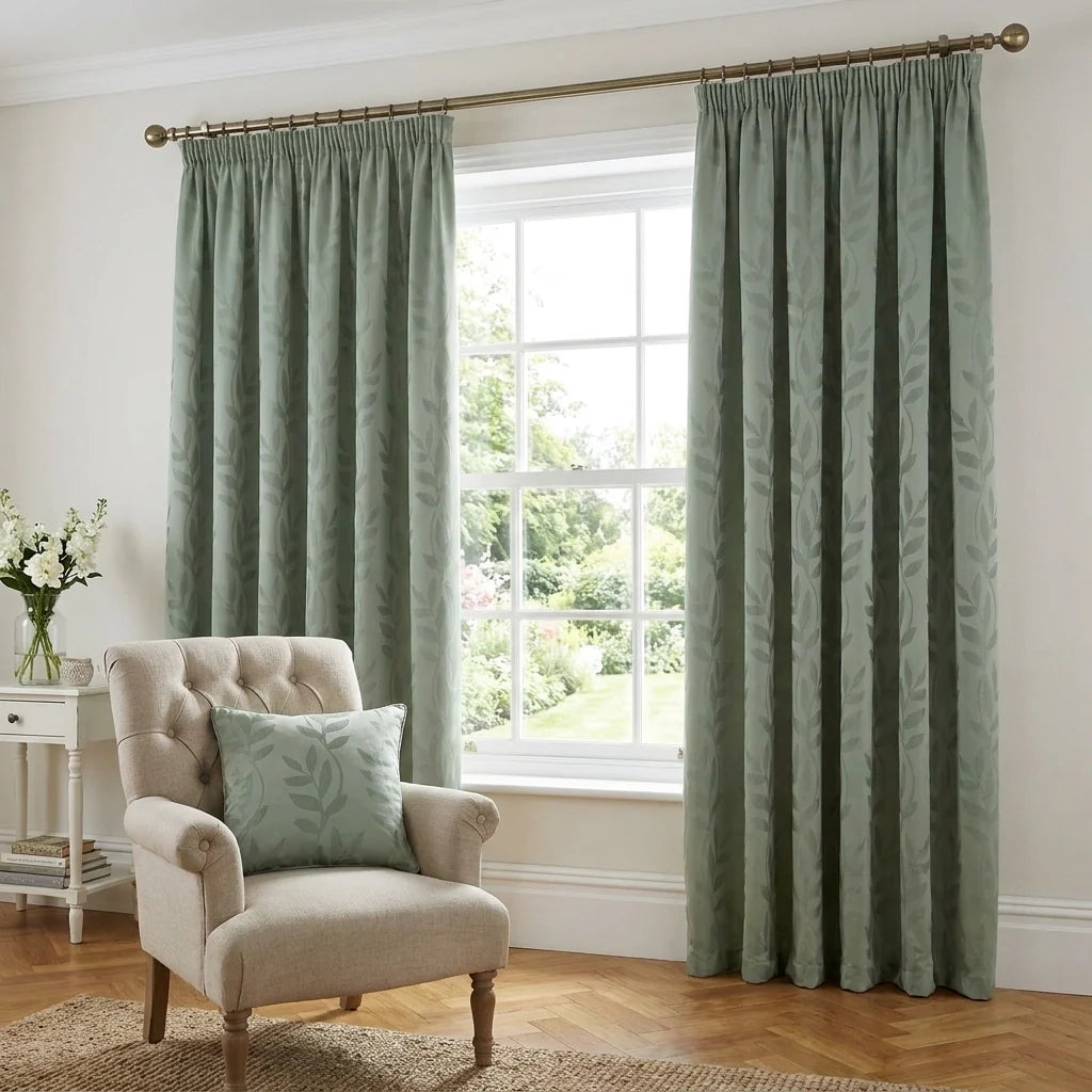 Tivoli Leaf Jacquard Lined Sage Pencil Pleat Curtains