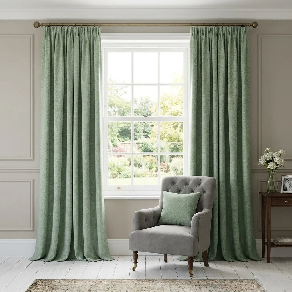 Dallas Lined Pencil Pleat Curtains Linen Look Green Thermal Blackout