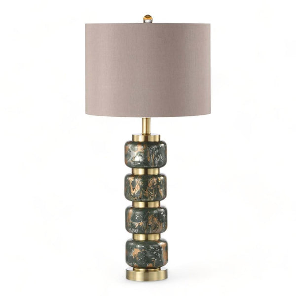 Green and Gold Abstract Glass Table Lamp with Taupe Shade - 71cm
